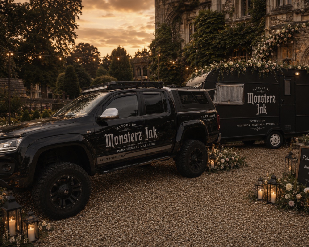 Monsterz Ink mobile tattoo caravan and branded vehicle at a wedding venue
