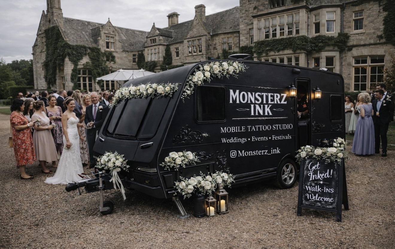 Monsterz Ink mobile tattoo caravan at a wedding venue
