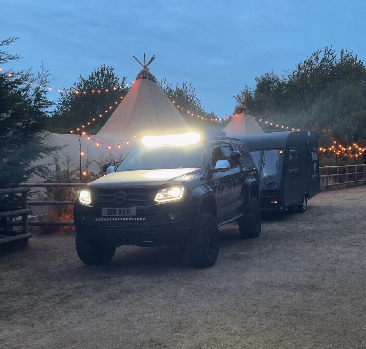 Monsterz Ink truck towing the mobile tattoo studio at a wedding venue